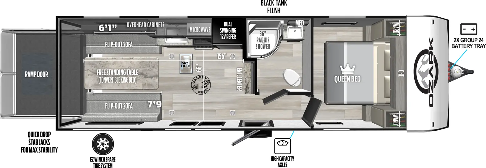 The Ozark 2500THK is a toy hauler model with one side entry door, pass-through storage, LP quick connect, spray port, exterior shower, black tank flush, and 15' awning on the exterior. Inside, there is a 60" x 74" queen bed in the front of the unit, with wardrobe cabinets and room to stand on either side of the bed and overhead cabinets mounted above. The bedroom door leads into a short hallway that opens into the main living area. The bathroom is located on the right side of the hallway and contains a corner radius shower with skylight, sink and medicine cabinet, and commode. There is a TV mounted on the outside of the far bathroom wall, situated perpendicular to the length of the unit and facing the rear wall. The kitchen area is on the right and contains an 11 cubic foot refrigerator, stovetop and oven, and sink, with cabinets and a microwave mounted overhead. In the rear is a removable table with a 30" x 72" sofa sleeper on either side.When these are moved out of the way, the remaining space functions as a 156" long, 84" high garage.